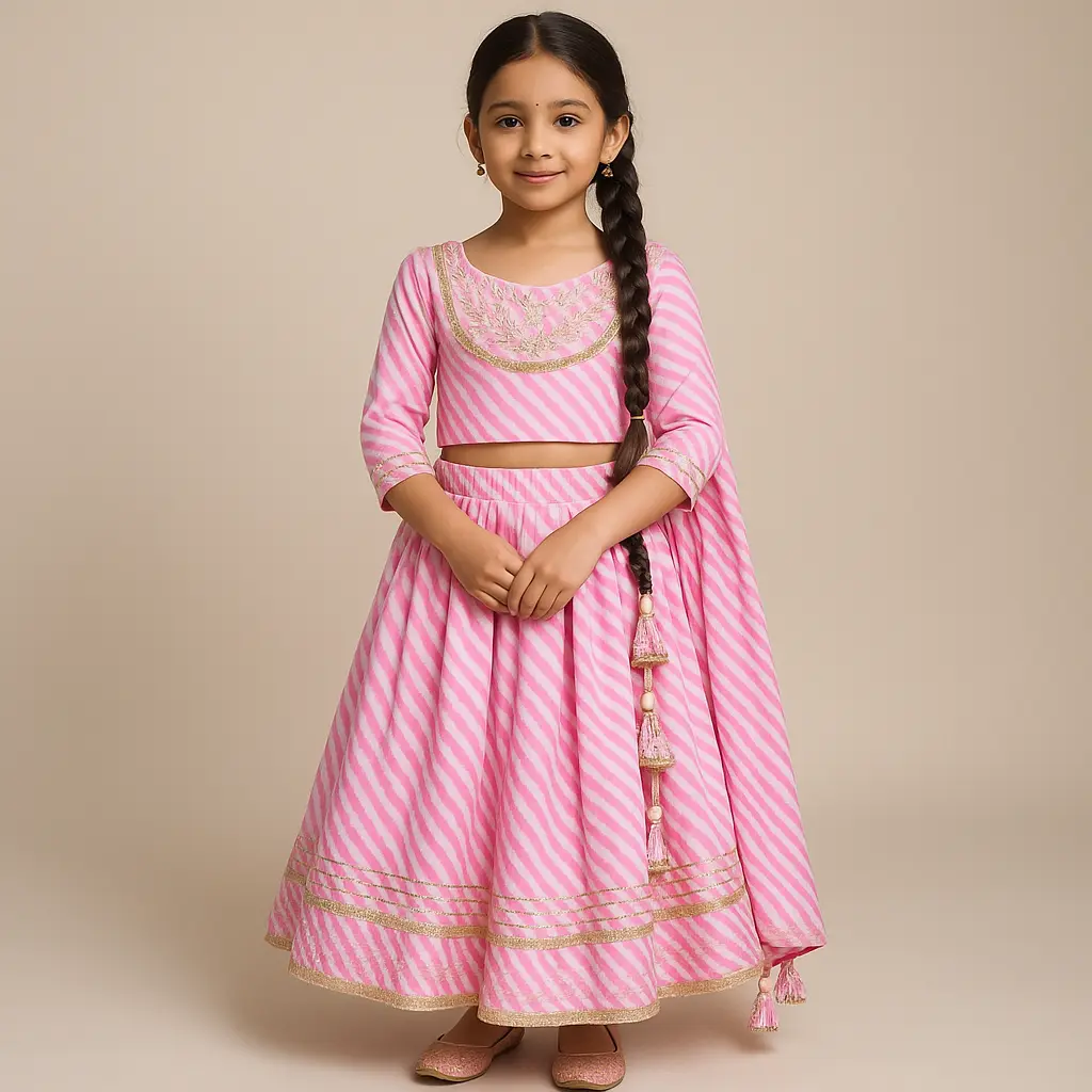 Kurta Ghaghara Light Pink Leheriya Print