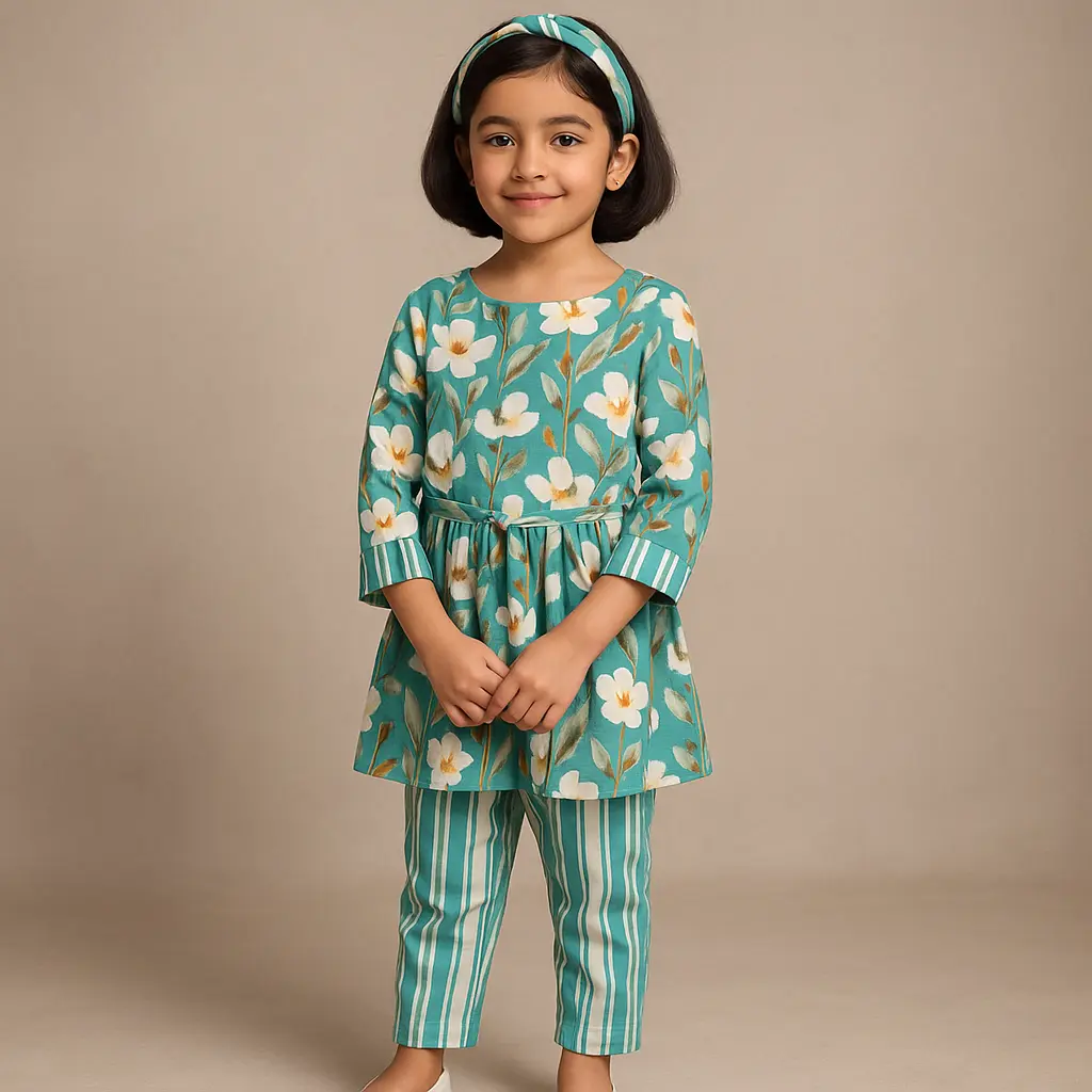 Kurta Pant Co-ord Set Green Flower