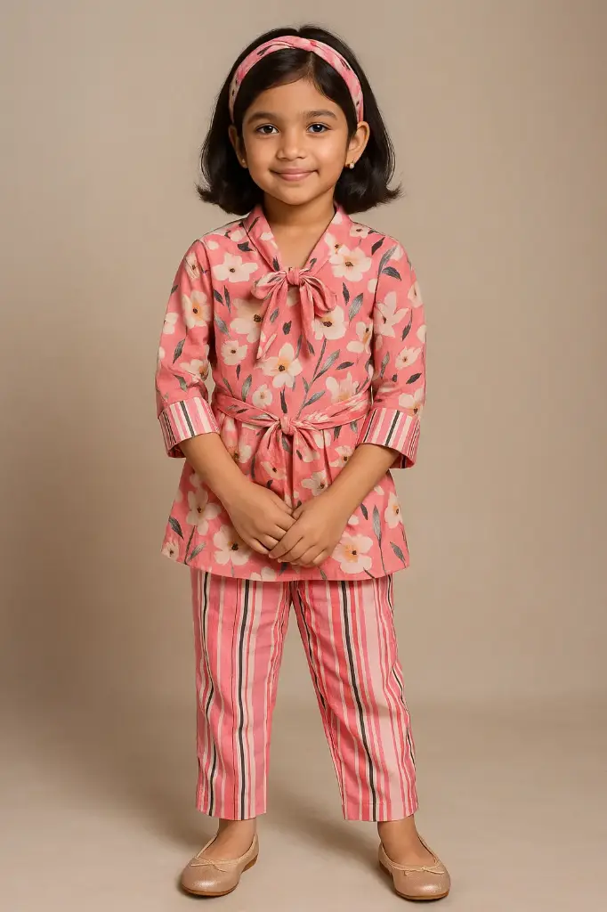Kurta Pant Co-ord Set Pink Flower