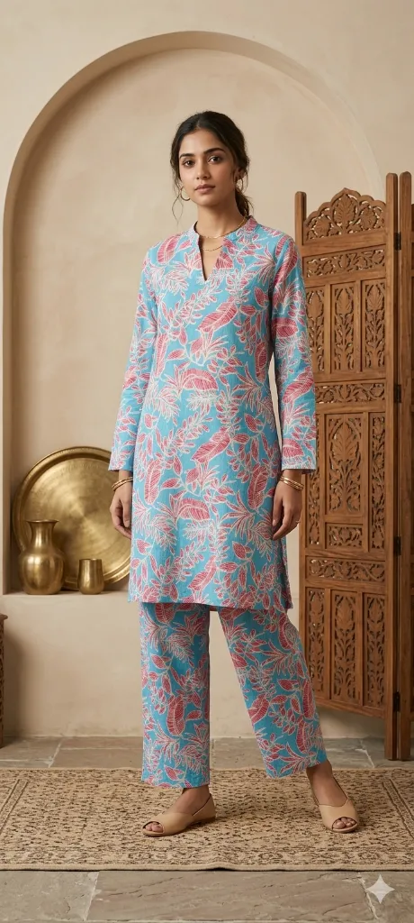 Co-Ord Set Sky Blue Long Printed (M- Correct)