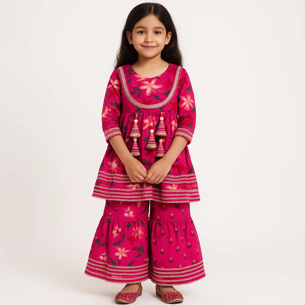 Kurta Sharara Pant Rani Pink with Flower 