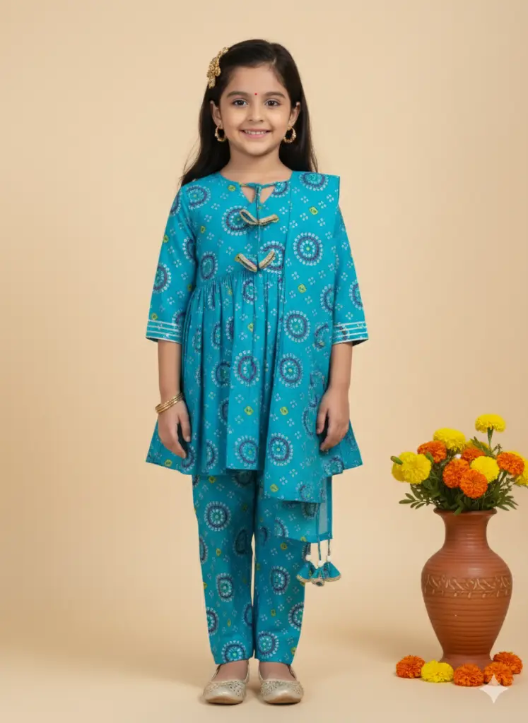 Kurti Pant Chunari Blue Bandhani Print Muslin (4-5Y (22))