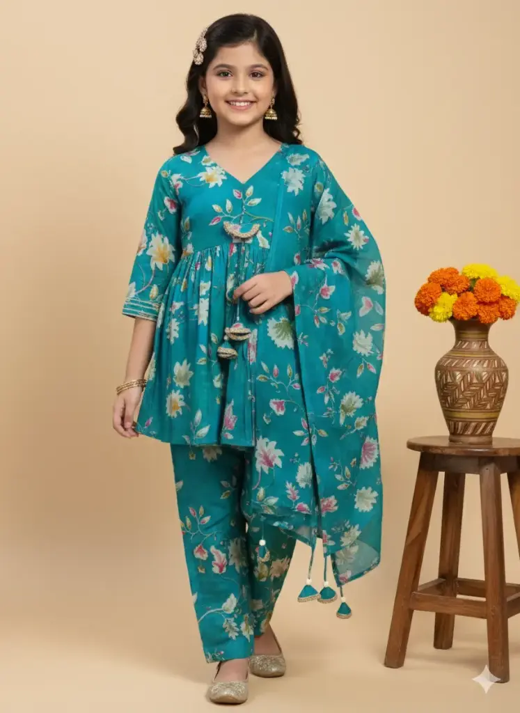 Kurti Pant Chunari Blue Floral Print Muslin