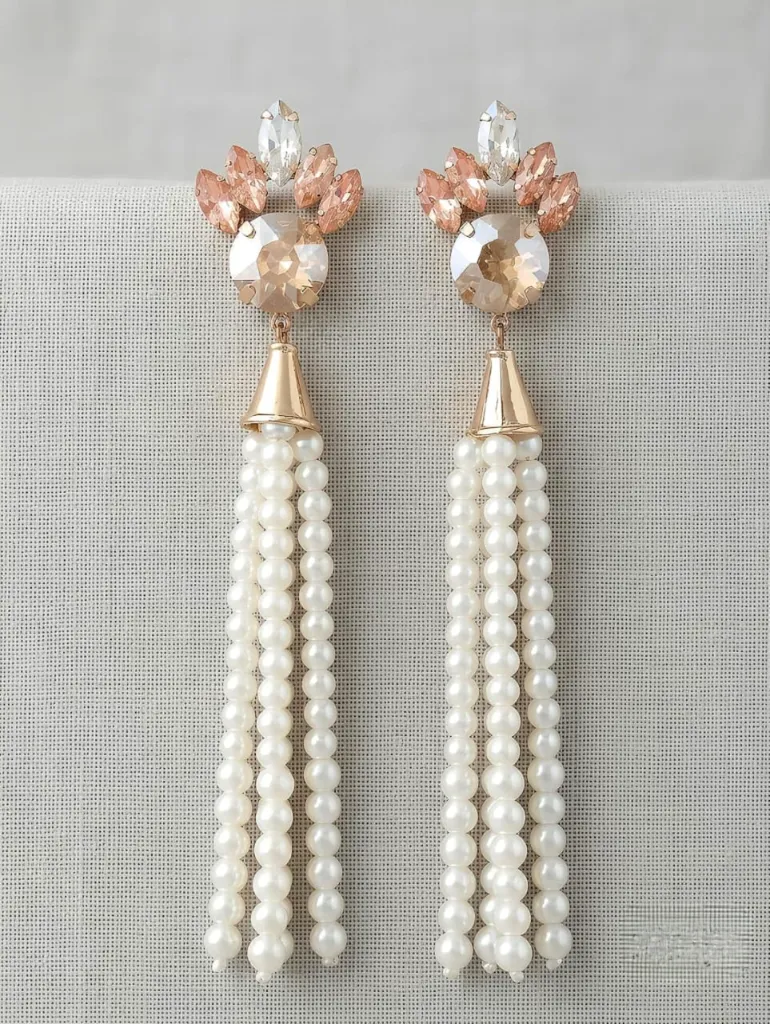 Champagne Crystal & Pearl Cascade Long Tassel Earrings 03091