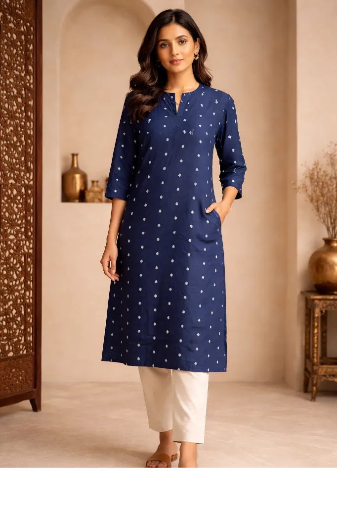 Long Kurti Blue White Embroidery (M- Correct)
