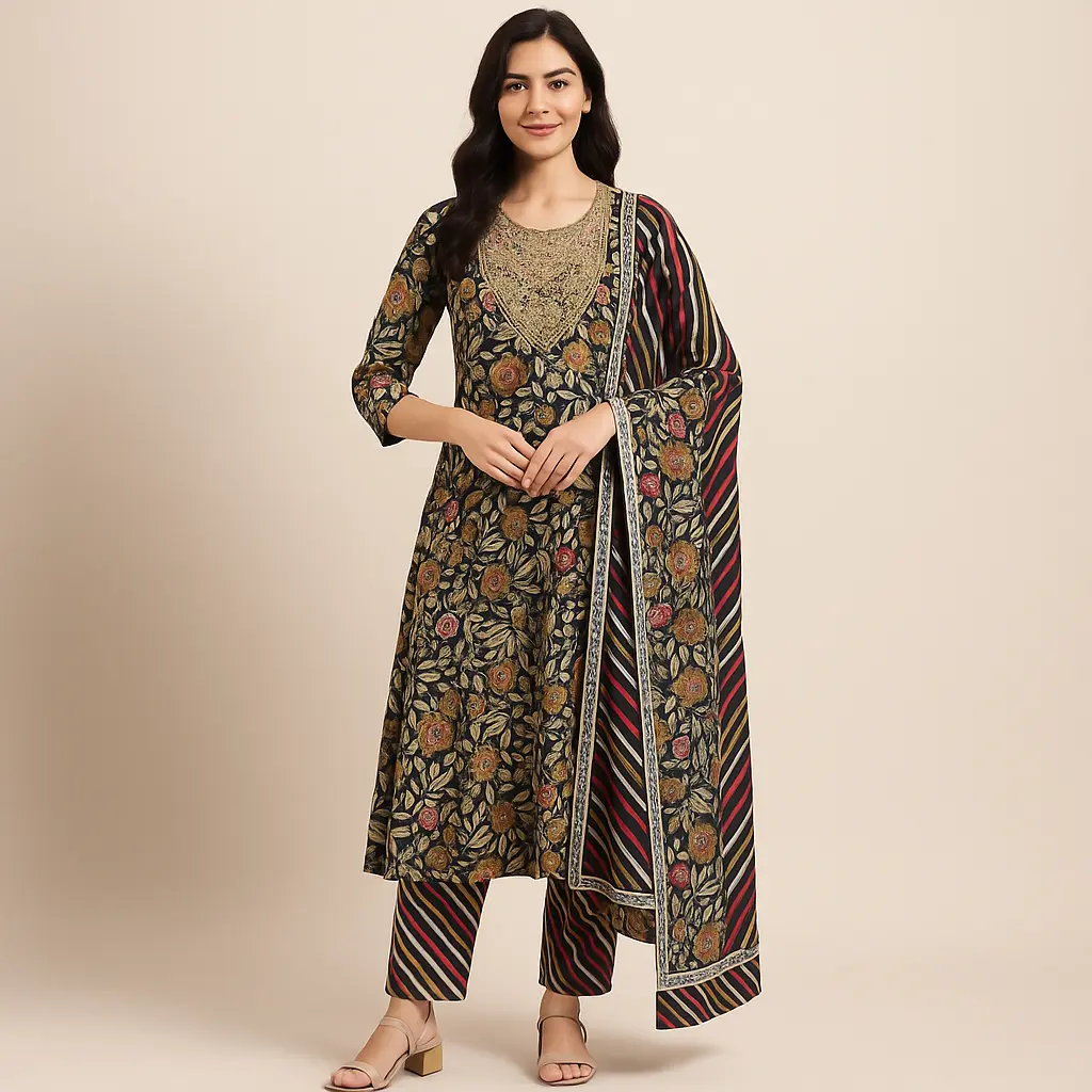 Dark Brown Flower Indian 3 Pcs Set (L)
