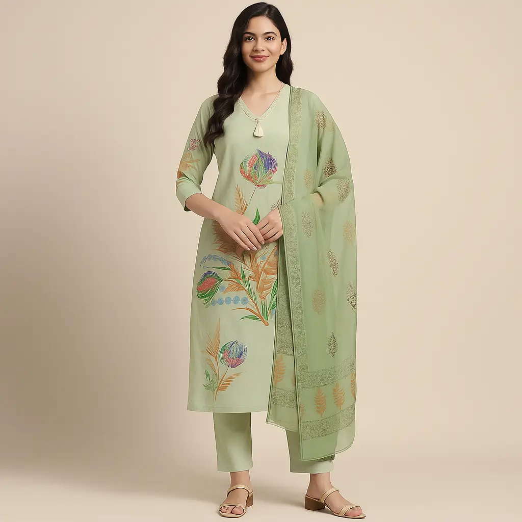 Green Printed Indian 3 Pcs Set (L)
