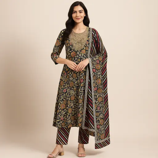 Dark Brown Flower Indian 3 Pcs Set