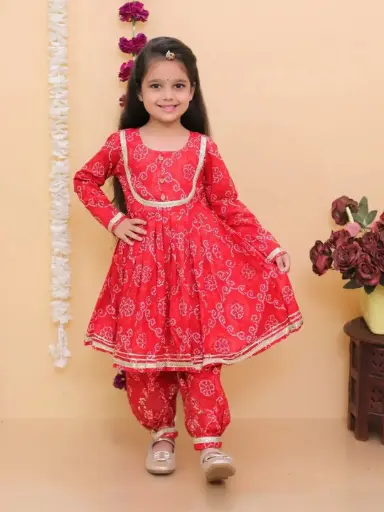 Kurta Afghani Pant Red Bandhani Print