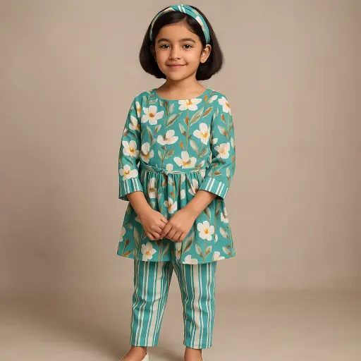 Kurta Pant Co-ord Set Green Flower