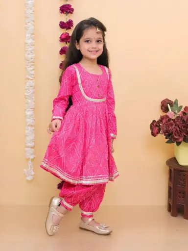 Kurta Afghani Pant Pink Bandhani Print